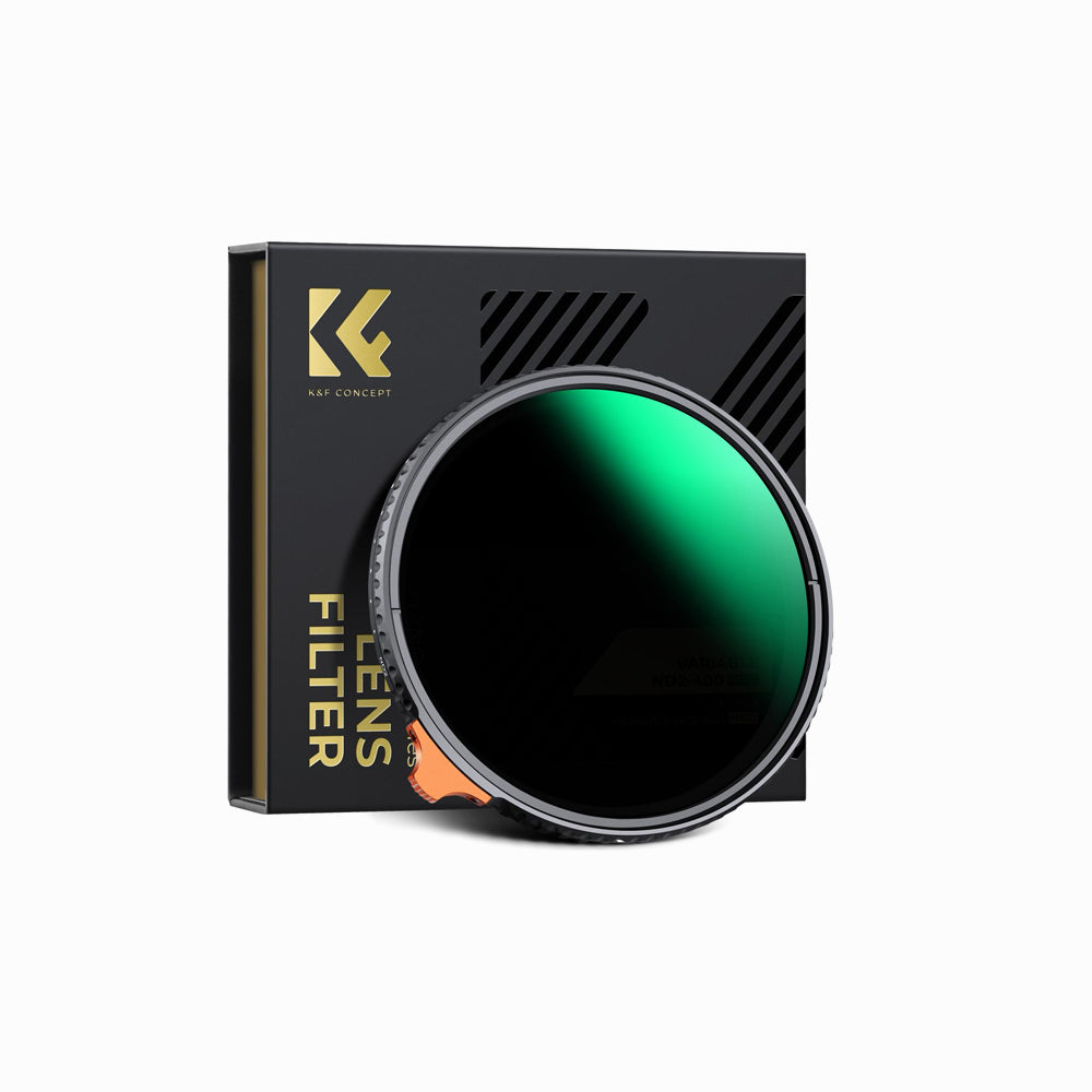A Kary Concept lens filter with a dark green reflective surface, shown in front of its black and gold retail packaging box on a plain white background.