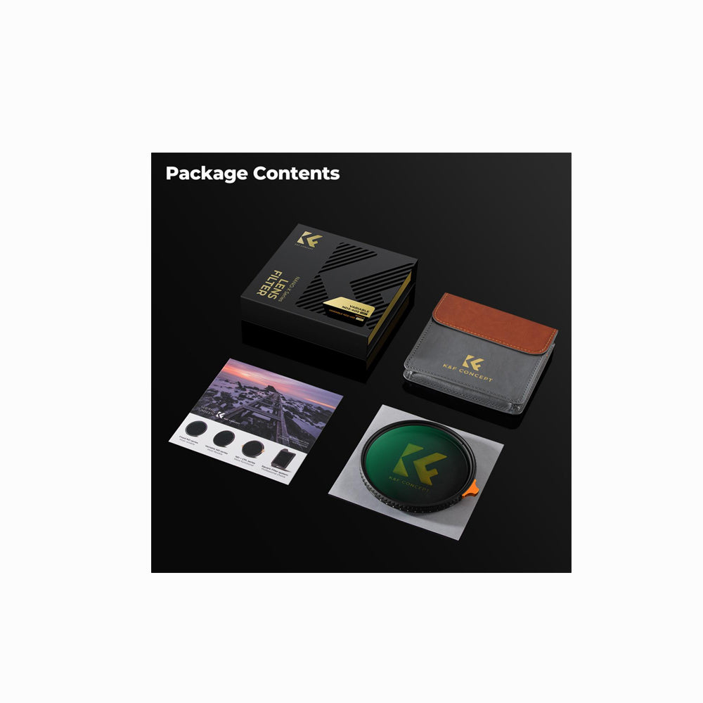 Package contents layout on a black background with the heading 'Package Contents' at the top. Visible items include a black branded box, a brown-and-gray wallet-style case, a printed card, and a round green filter with a large yellow K logo.
