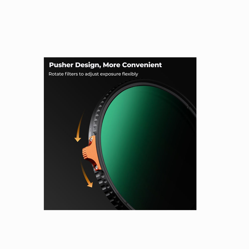 A product feature graphic showing a green camera filter with a black pusher ring on a black background, with text reading 'Pusher Design, More Convenient' and a small inset demonstrating the pusher mechanism.
