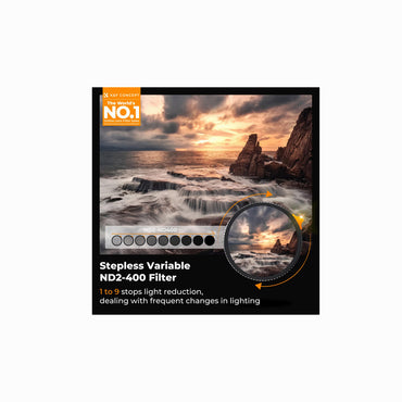 A square product graphic for a stepless variable ND2-400 filter, showing a dramatic rocky seascape sunset photo, a color reduction slider, and a circular inset demonstrating light reduction. Text reads 'Stepless Variable ND2-400 Filter' and '1 to 9 stops light reduction, dealing with frequent changes in lighting.