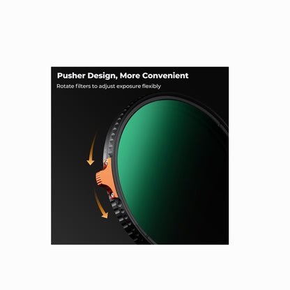 A product feature graphic showing a green camera filter with a black pusher ring on a black background, with text reading 'Pusher Design, More Convenient' and a small inset demonstrating the pusher mechanism.