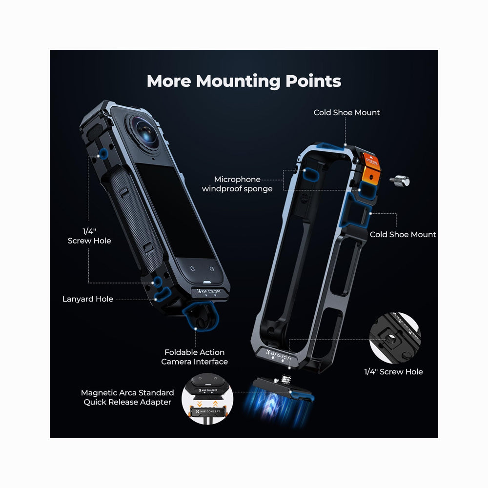 K&F Concept Camera Cage for Insta360 X5, Durable Aluminum Alloy Protective Case (KF31.182)