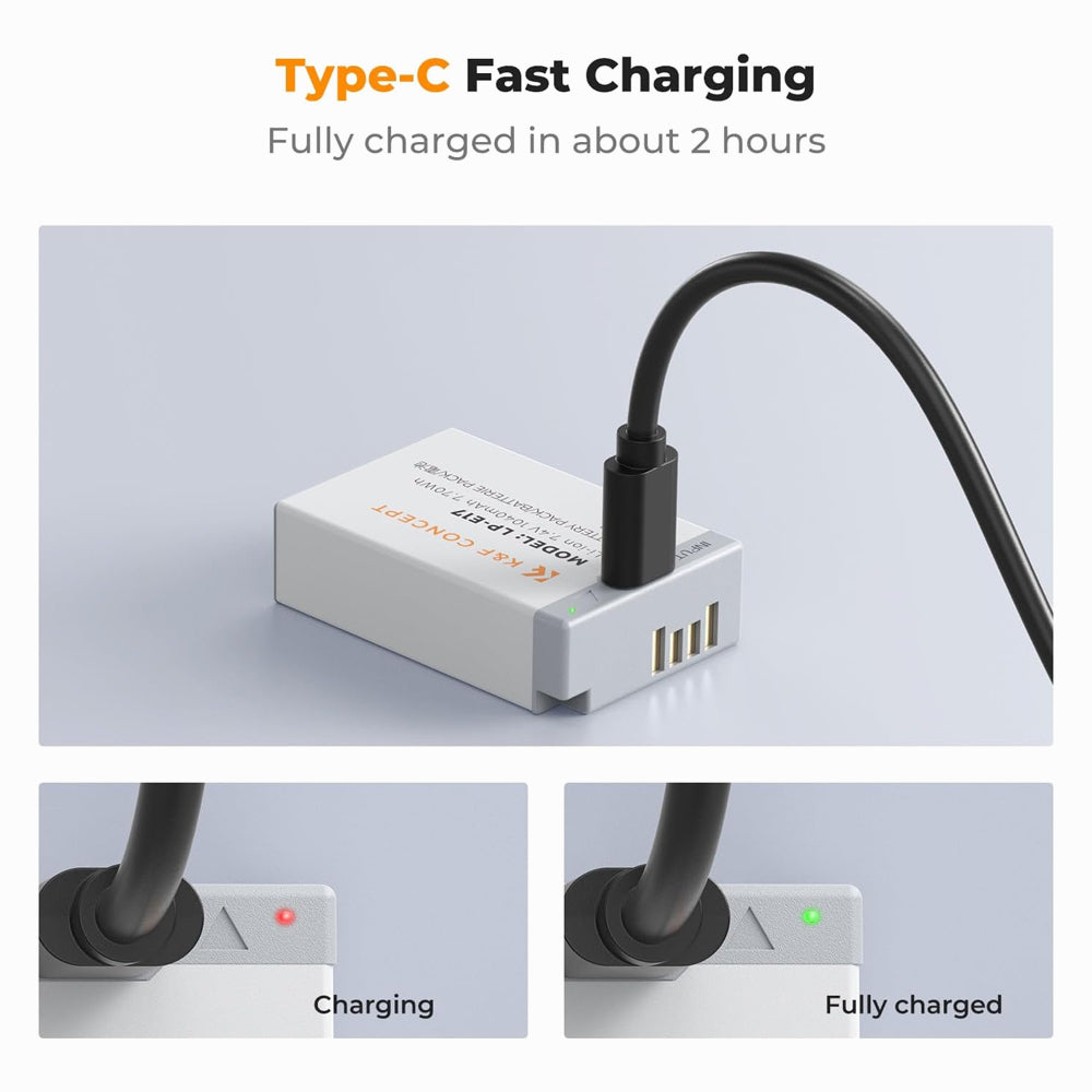 K&F Concept LP-E17 Battery with USB C Fast Charging for Canon EOS R10, R8, R50, Rebel T8i, T7i, T6i, T6s, SL2, SL3, EOS M3, M5, M6, EOS 200D, 77D, 750D, 760D, 800D, 8000D (KF28.0049S1)