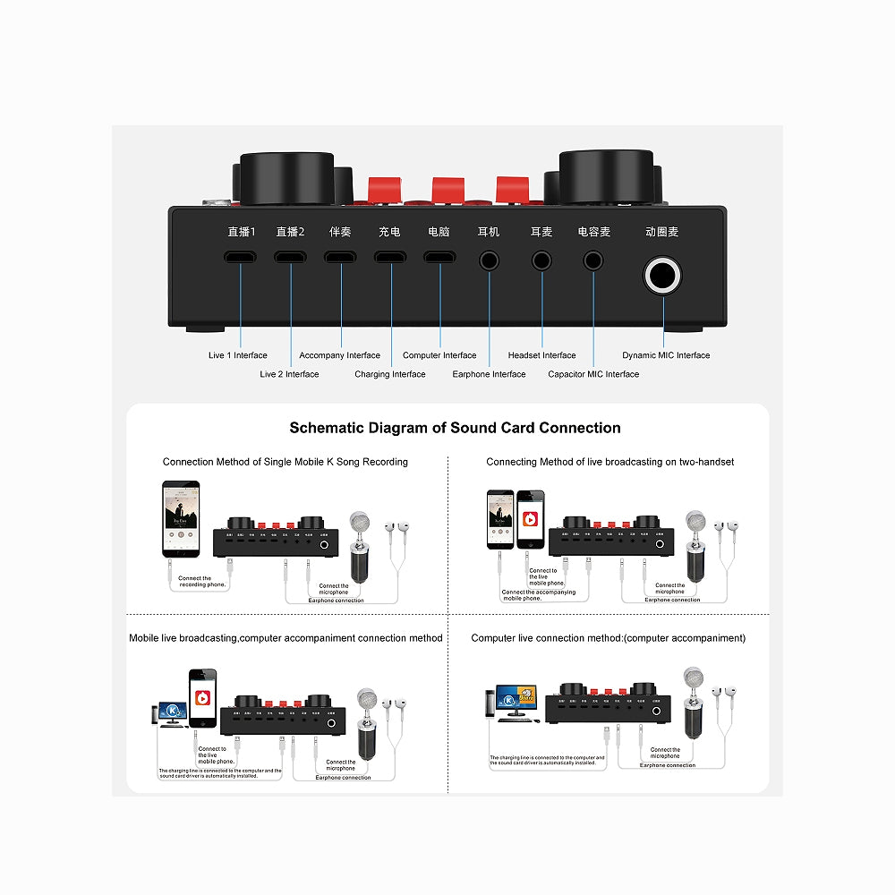 PULUZ Sound Card Live Broadcast Bluetooth Sound Mixer Studio Microphone Kits with Suspension Scissor Arm & Metal Shock Mount, Chinese Version (Black) PKT3601B