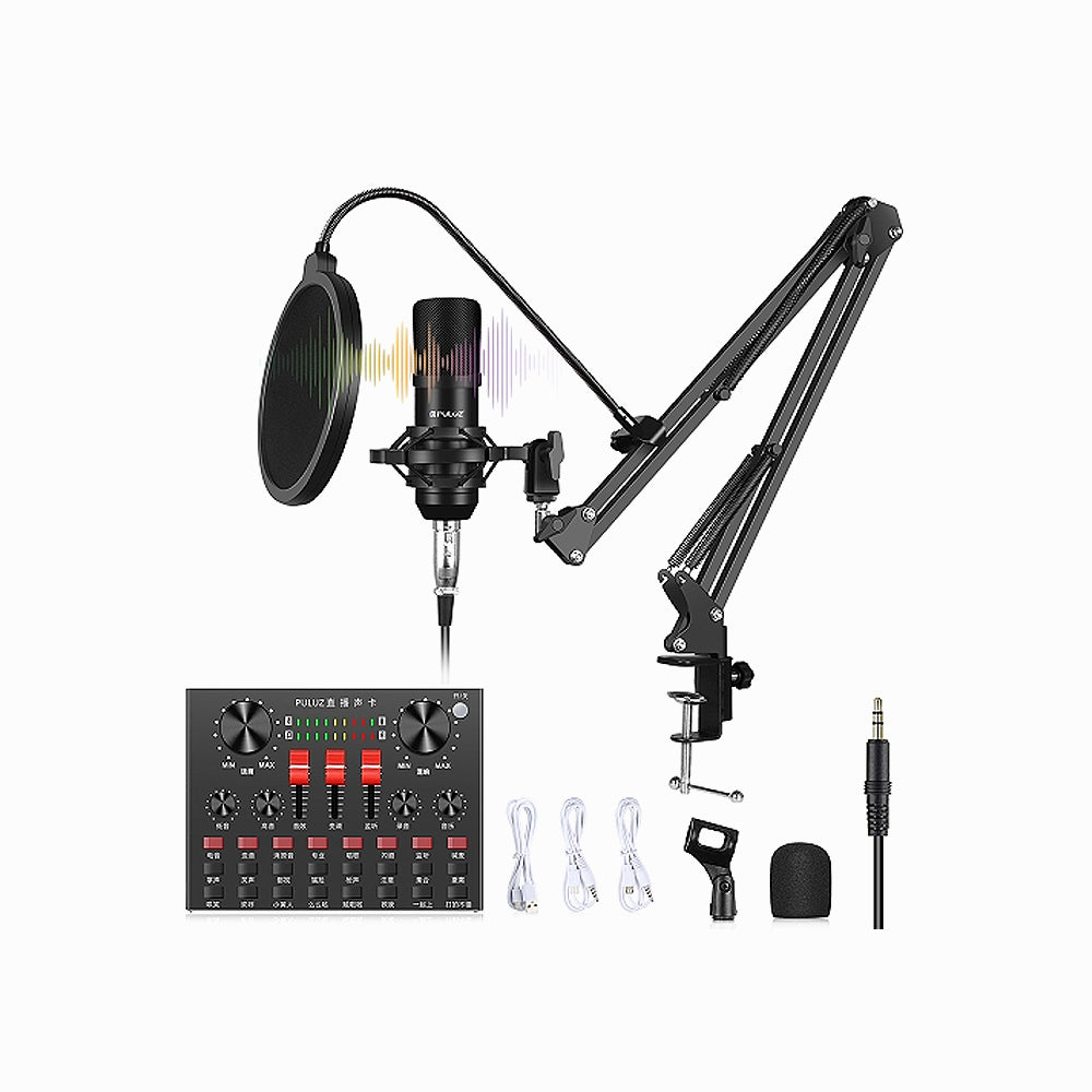 PULUZ Sound Card Live Broadcast Bluetooth Sound Mixer Studio Microphone Kits with Suspension Scissor Arm & Metal Shock Mount, Chinese Version (Black) PKT3601B