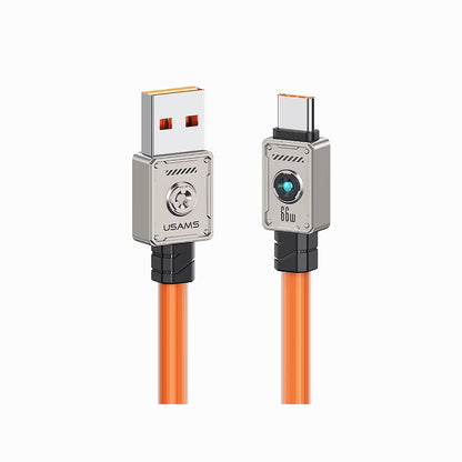 USAMS US-SJ686 Type-C 66W Zine Alloy Fast Charging & Data Cable With Light -Mecha Series 1.2m Orange