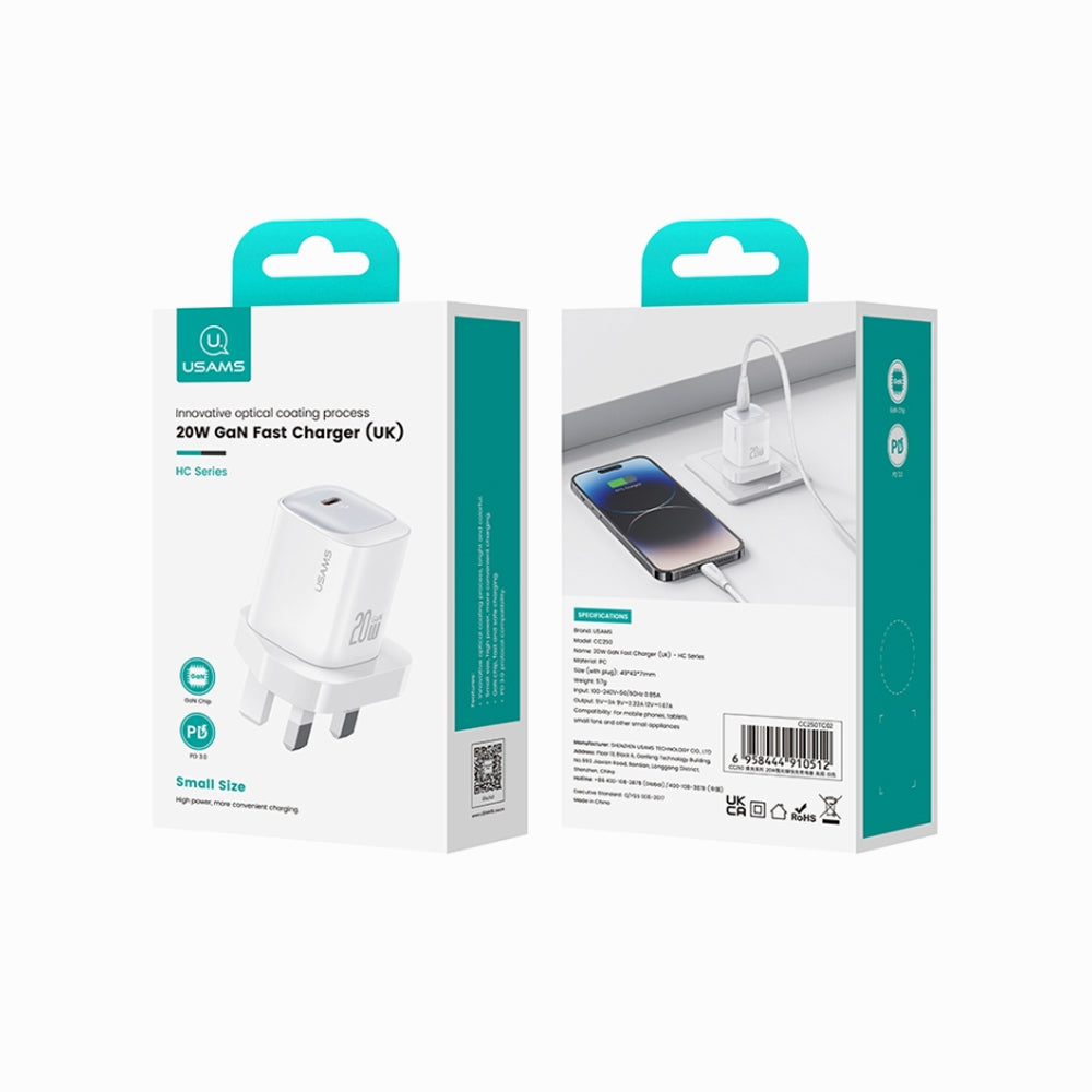 USAMS CC250 20W USB-C / Type-C GaN Fast Charger, UK Plug (White)