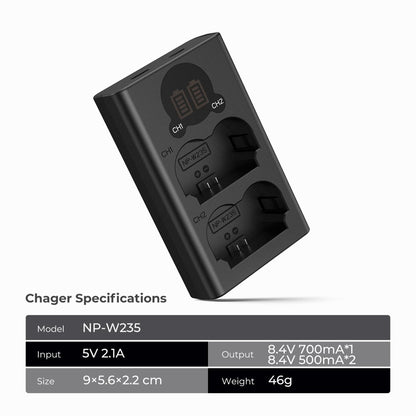 K&F Concept NP-W235 Battery Charger with LCD Screen, Micro USB and Type-C Charger for Fujifilm X-T5, X-T4, GFX 100S, X-H2S, GFX 50S II, VG-XT4(KF28.0019V1)